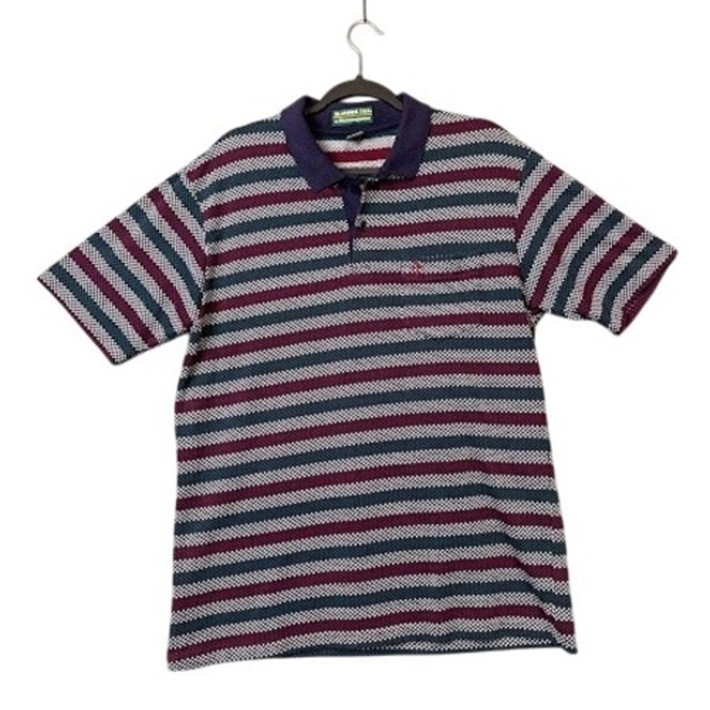 Slammer USA by Munsingwear Striped Polo Shirt Mens Large Pocket‎ Pequine Stitch